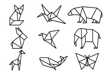 Geometric animal logo collection. Polygonal line art icon set of wild animals. Minimalist origami style fox, bear, elephant, bird, butterfly, whale, giraffe for modern branding.