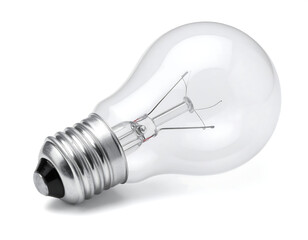 Single clear light bulb on white background close up