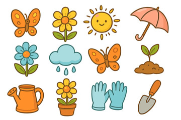 Gardening and spring weather icon collection. Cute cartoon doodle set with flower, butterfly, sun, rain cloud, umbrella, sprout, watering can, gloves and trowel. Vector.