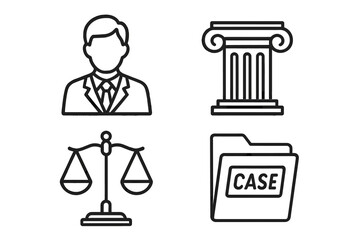 Legal icon set. Law and justice outline symbols. Lawyer silhouette, courthouse column, scales of justice, case file. Government, crime, jury, court vector pictogram collection.