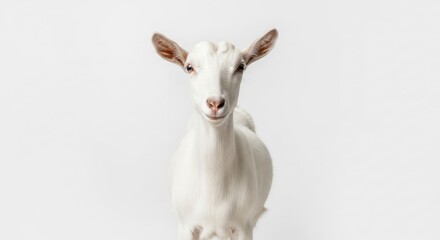 Fototapeta premium Front-facing, clean portrait of a young, white goat on a stark white background