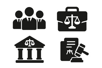 Legal solid icons set. Law and justice pictogram collection. Lawyer team, legal briefcase, courthouse, judge gavel on document. Attorney symbol. Vector illustration.