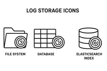 Log storage icons. Outline icon set of data solutions. Vector concepts for file system, database table, object storage, Elasticsearch index. Computer technology pictogram.