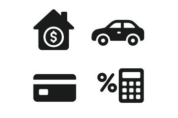 Loan and credit service solid glyph icons set. Mortgage, home equity, auto loan, credit card, and interest rate calculator. Financial investment and banking vector symbols.