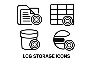 Log storage icon set. Outline vector symbols for data management solutions like file system, database table, object storage, Elasticsearch index. Server log & big data pictograms.