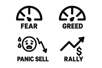 Market sentiment icons. Fear and greed gauge. Investor psychology concept. Panic sell, rally, emotion, stock exchange, finance. Bear and bull market vector illustration set.