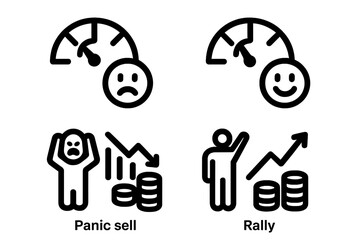 Market sentiment vector icon set. Investor psychology concept with fear and greed index gauge. Panic sell and bull market rally symbols. Financial trading emotion icons.
