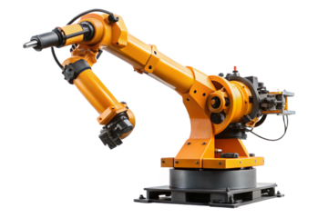 High-tech orange industrial robot arm isolated for manufacturing and automation projects transparent background