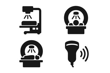 Medical imaging solid glyph icon set. Radiology diagnostic equipment pictograms. X-ray machine, MRI, CT scanner, and ultrasound probe vector silhouette collection for healthcare.