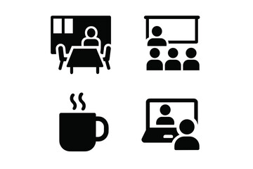 Meeting solid glyph icon set. Business communication symbols. Conference room, presentation, seminar, virtual video call, webinar, and coffee break. Vector graphic elements.