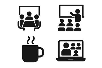 Meeting & conference icon set. Business presentation, training, seminar & virtual meeting symbols. Office boardroom, online webinar, & coffee break vector glyph collection.