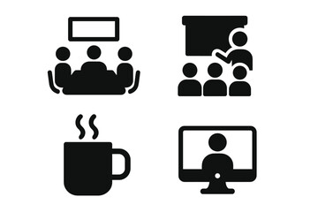 Business meeting solid glyph icons set. Conference hall, presentation, seminar, classroom, virtual meeting, video call, coffee break. Vector pictogram collection for web, ui, ux.