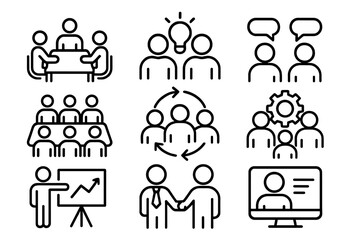Business meeting and collaboration icon set. Teamwork, communication, presentation, handshake, brainstorming, video conference. Outline vector symbols for corporate workflow.