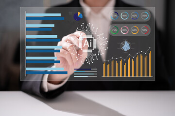 Businessman using artificial intelligence ai in data analysis dashboard to visualize report...