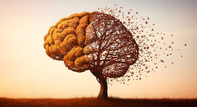 Tree Shaped Brain Artwork with Autumn Foliage in Sunset Light