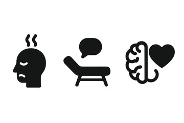 Mental health solid glyph icon set. Stress, anxiety and depression pictogram. Psychotherapy, psychology and emotional wellness concept. Brain and heart, therapy couch vector.