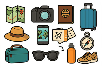 Travel essentials icon set. Vector cartoon illustration for planning a journey or vacation. Adventure tourism concept with camera, passport, map, luggage, compass, tickets.