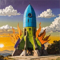 Colorful rocket monument in sunset sky