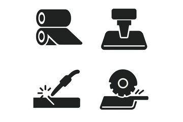 Metalworking process glyph icons set. Manufacturing and fabrication symbols. Rolling mill, stamping press, welding and circular saw cutting. Industrial production pictogram.