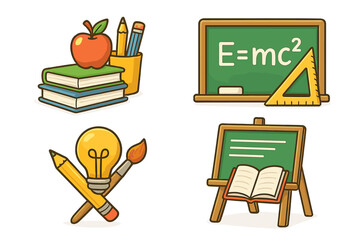 Educational icons set for school and learning. Vector cartoon illustration of classroom elements like blackboard, books, apple, and creativity symbols. Back to school concept.
