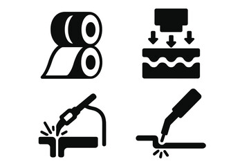 Metalworking process icons. Manufacturing symbol set. Steel fabrication, production line concepts. Rolling, pressing, stamping, welding, laser cutting. Solid filled vector glyphs.