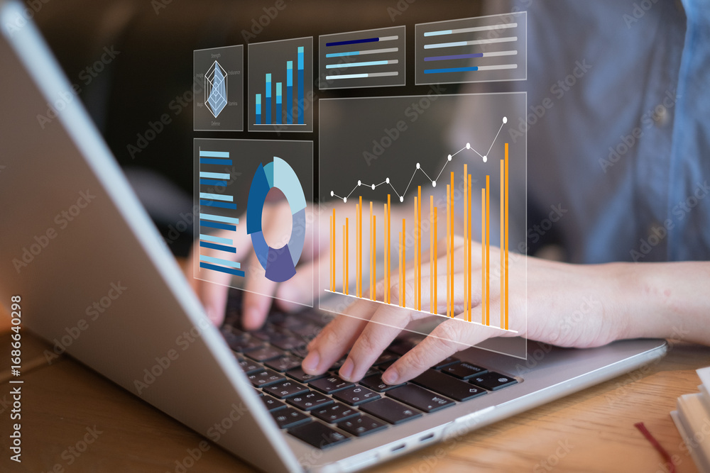 Aufkleber businessman working on laptop data analysis dashboard client trend preference report chart informati