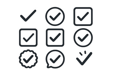 Variety of checkmark icons and symbols representing approval, validation, success, and confirmation in minimalist flat design style with transparent background, vector illustration