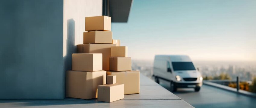Delivery Van Awaiting to Pick Up Stacked Cardboard Boxes for Swift Urban Distribution