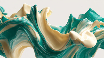 Dynamic turquoise water and creamy milk splash waves in motion isolated on white background with fluid shapes and liquid textures