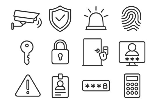Security access control vector line icon set. Concept of protection, safety, monitoring, and surveillance. Symbols for password, cctv, fingerprint, alarm, id card, and biometrics.