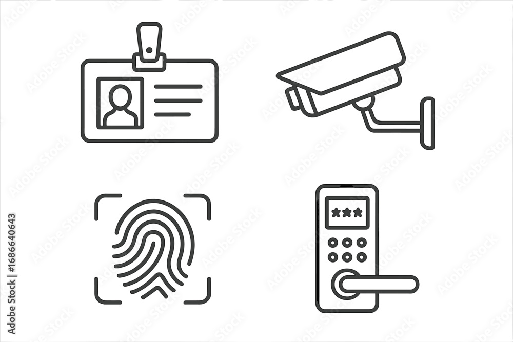 Poster security and access control system line icon set. features id card, cctv camera, fingerprint scanner