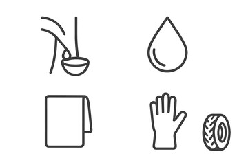 Natural Rubber Icons Set, Outline Vector Graphic of Rubber Tree Sap, Latex Drop, Rubber Sheet, Glove, Tire, Organic Rubber Materials, Eco-Friendly, Industrial Products