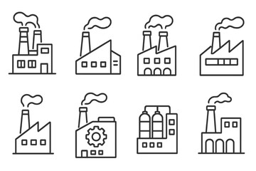 Various industrial factory icons representing manufacturing plants, production facilities, and heavy industry in simple line art style, vector cartoon illustrations with transparent backgrounds