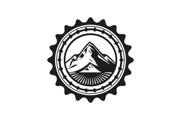 Ornate Mountain Emblem, Circular Design with Rays in Black and White Art