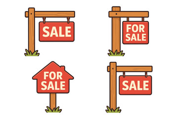Sale and For Sale Icons Set, Real Estate Housing Signs, For Sale Advertisement Boards, Vector Cartoon Illustrations, Transparent Background, Ordered Set of 4