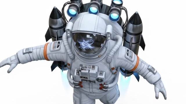 A spacewalker in a white suit, jetpack and rockets attached, with blue jets propelling them forward. The helmet shows a wispy abstract shape
