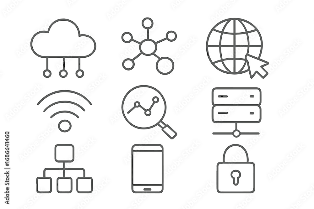 Fototapete technology and data line icon set. cloud computing, network connectivity, web analytics, server data