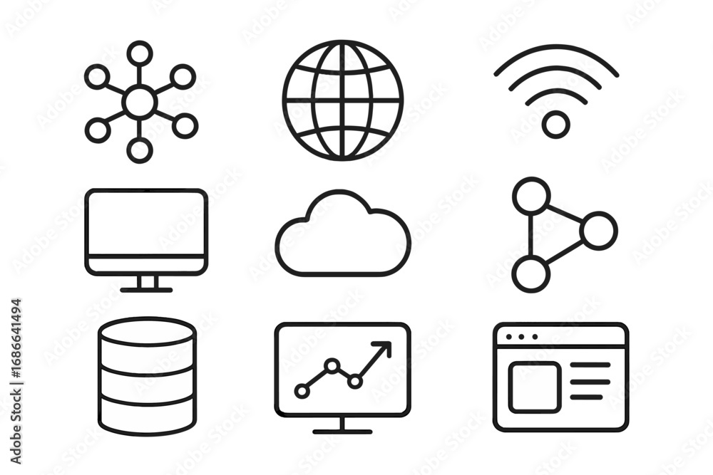 Aufkleber technology and connectivity line icon set. concepts of network, data analysis, web symbols, global c