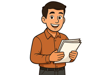 Young man smiling happily while holding documents, office work concept, cheerful businessman in casual shirt, professional vector cartoon illustration with transparent background