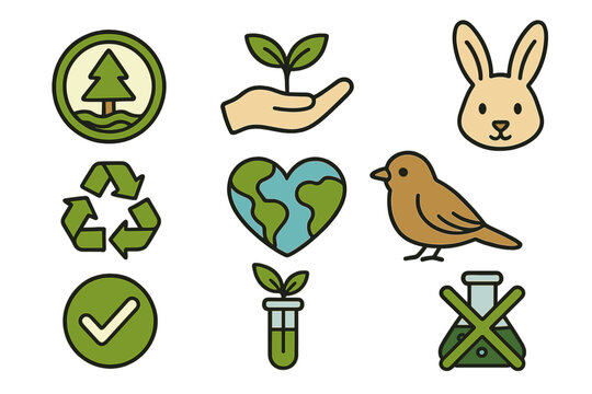Vector icon set for ecology and environmental awareness. Cruelty-free and no animal testing symbols. Green science, recycling, and nature conservation concepts. Earth Day.