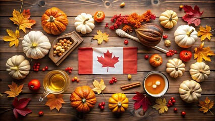 Overhead shot of autumn harvest with canadian flag on a wooden table