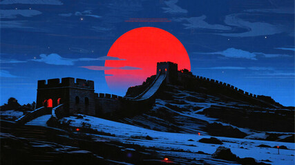Red Moon Dramatic Great Wall of China vista unfolds under a colossal crimson sun, casting an ethereal glow on ancient watchtowers and rugged terrain, evoking mystery and historical grandeur.