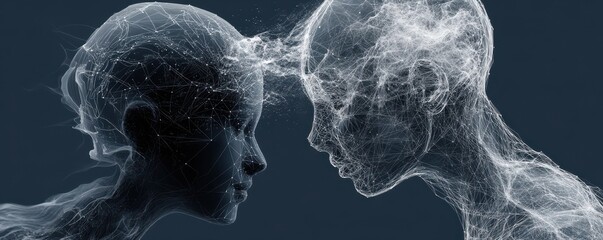 Two wireframe human heads facing each other in a digital abstraction