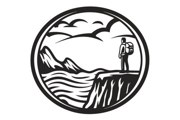 Silhouette Hiker with Backpack on Mountain Cliff, Circular Frame, Vector, White Background
