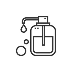 A line drawing depicts a soap dispenser with a teardrop falling bubbles present. Editable stroke. Icon vector illustration