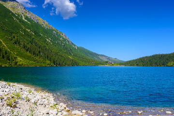landscape with alpine lake in summer. beautiful view near rysy peaks in poland. travel background...