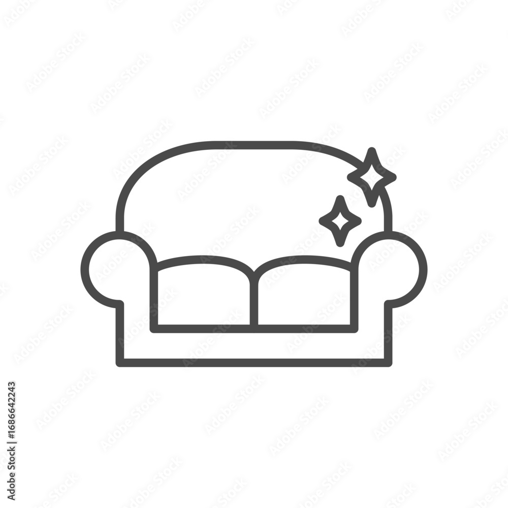 Poster a line drawing of a couch with two cushions armrests and two sparkles above it. editable stroke. ico