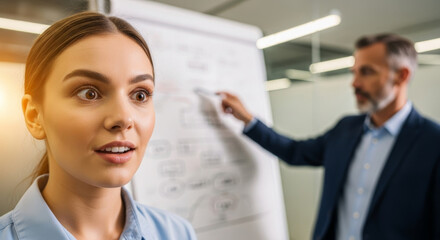 Obraz premium Shocked young businesswoman has surprised facial expression during an office presentation. An executive points at flip chart with unexpected corporate news, causing an emotional reaction