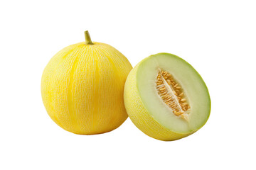 Two cantaloupes, one whole and one half, displayed against a black background. The whole fruit is bright yellow with subtle light yellow stripes. 