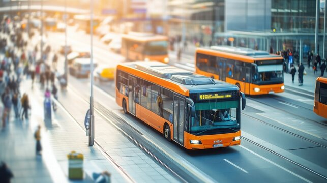transportation hub with hybrid electric buses and clean energy-powered vehicles, emphasizing green commuting in urban environments, softly blurred background